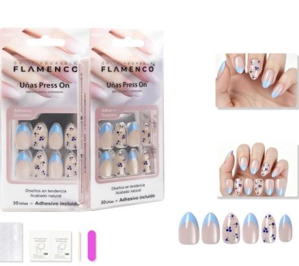 Uñas Press on con diseño francesa azul