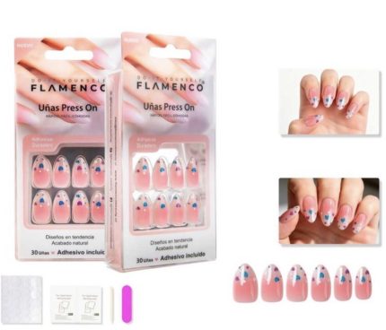 Uñas Press on con diseño con corazones de colores