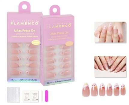 Uñas Press on con diseño francesa con lazos