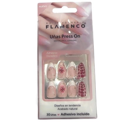 Uñas Press on diseñode francesa con flores en relieve